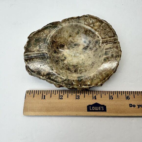 Vintage Alabaster Hand Carved Ashtray Ruff Edge Italy Green Brown Tan Rustic - Picture 9 of 12